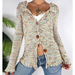 BCBGMAXAZRIA XL Multicolor Knit Cardigan Boho Chunky Sweater Button Up Fairy